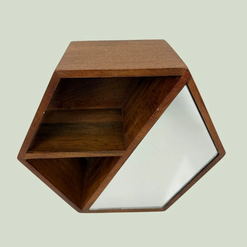 Hexagon Wood Wall Shelf with Mirror and Brass Hooks Geometric Entryway Decor